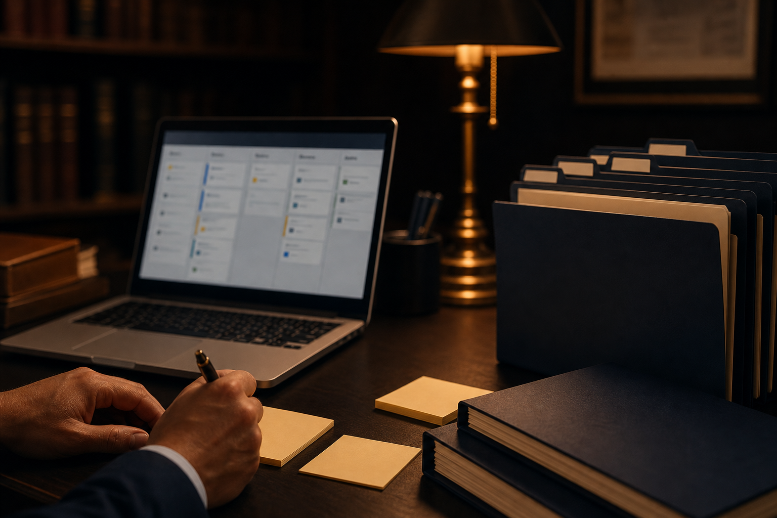 An organized desk with a laptop showing a task board, neatly tabbed file folders, and sticky notes for tracking a case.