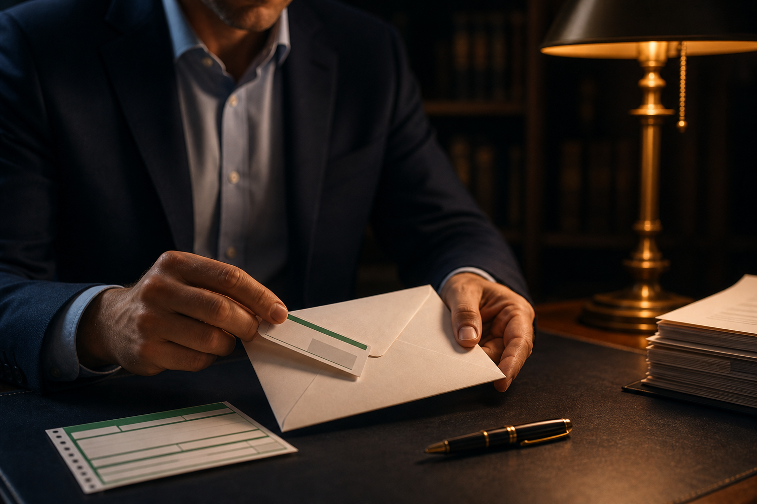 Hands preparing to mail a sealed certified letter with a green certified-mail receipt slip and tracking label beside a stack of documents.