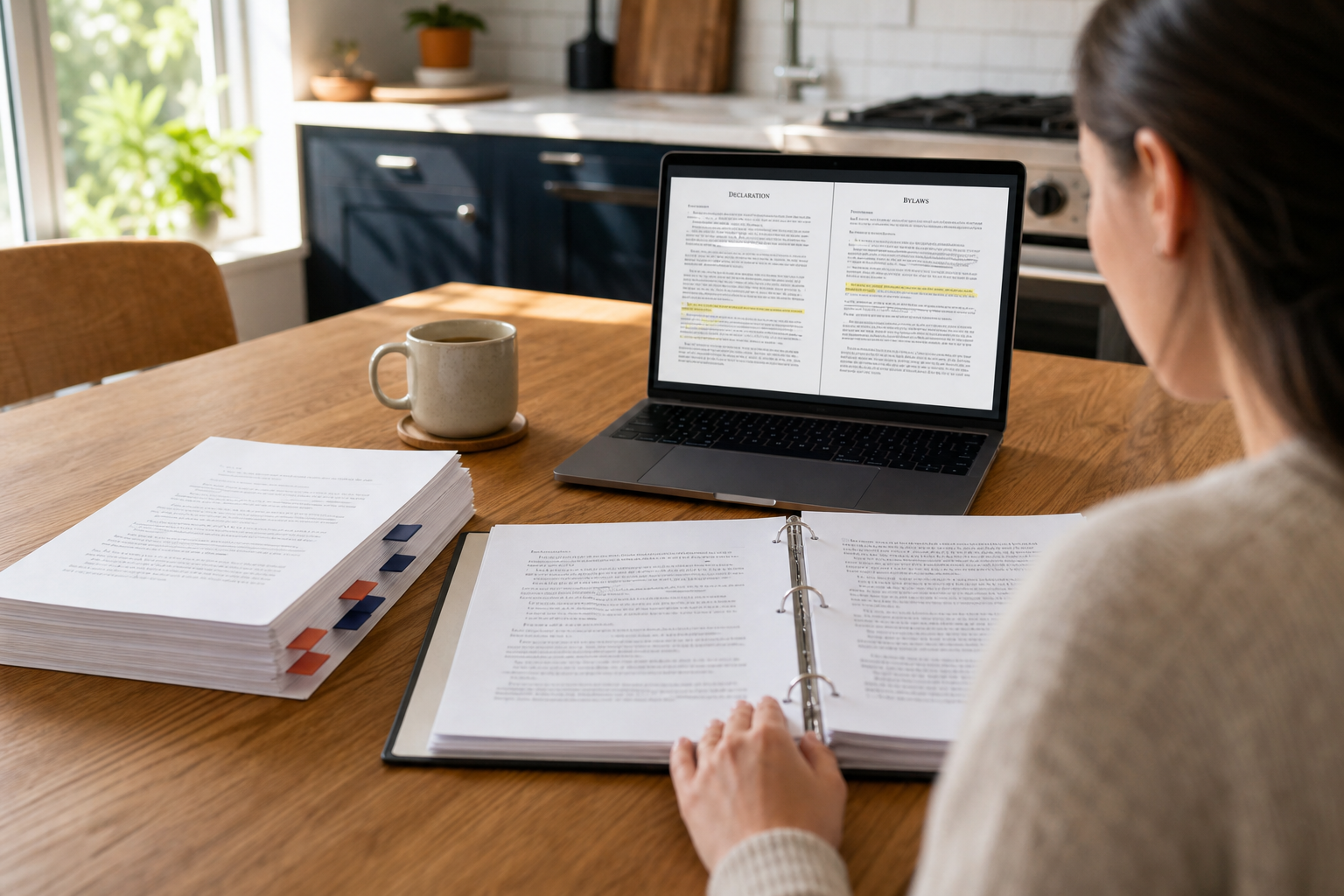 Homebuyer reviewing a thick HOA resale packet at a kitchen table with a laptop open to the documents