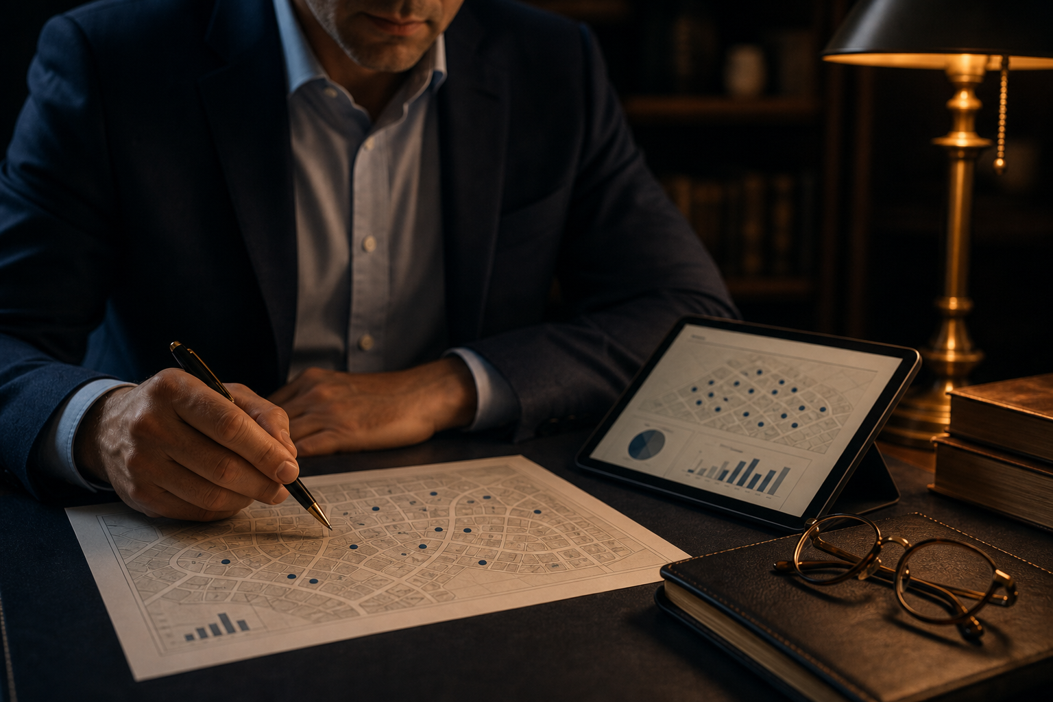 A person marking a printed map of a suburban neighborhood with anonymized data points beside a tablet showing charts and a map.