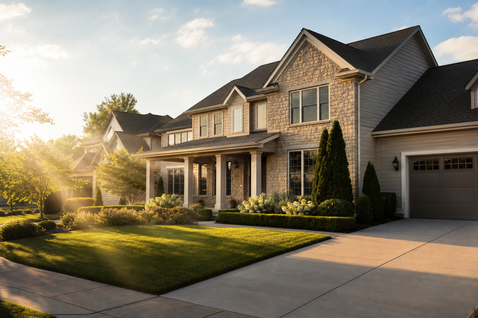 Sunlit two-story home in a well-kept HOA community with a warm late-afternoon sun beam across the front lawn