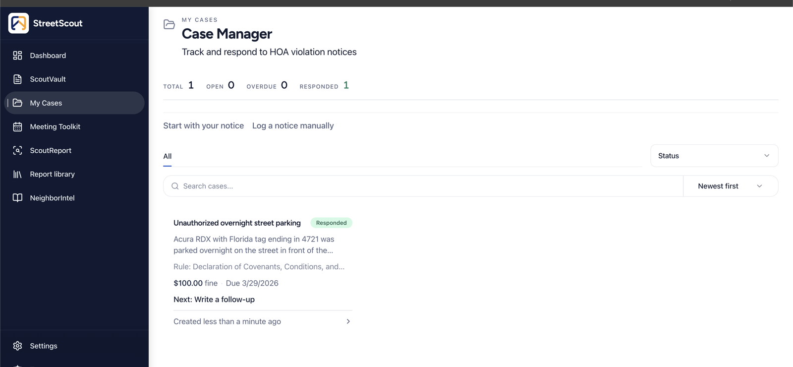 Case Manager list with a responded parking violation case