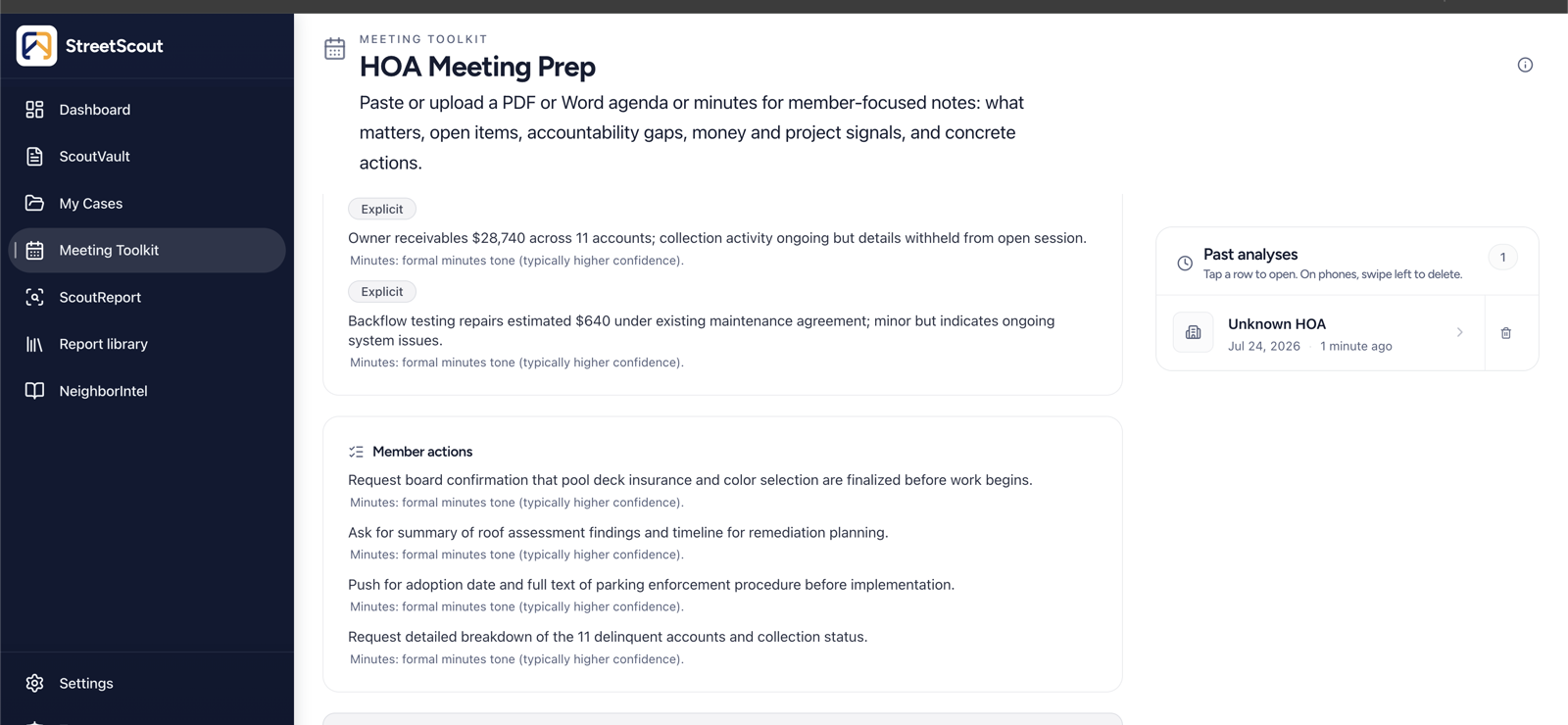 HOA Meeting Prep with explicit findings and member actions