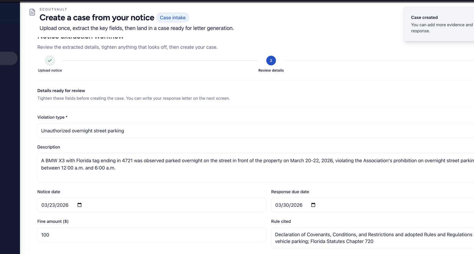 Extracted violation fields ready to confirm before drafting