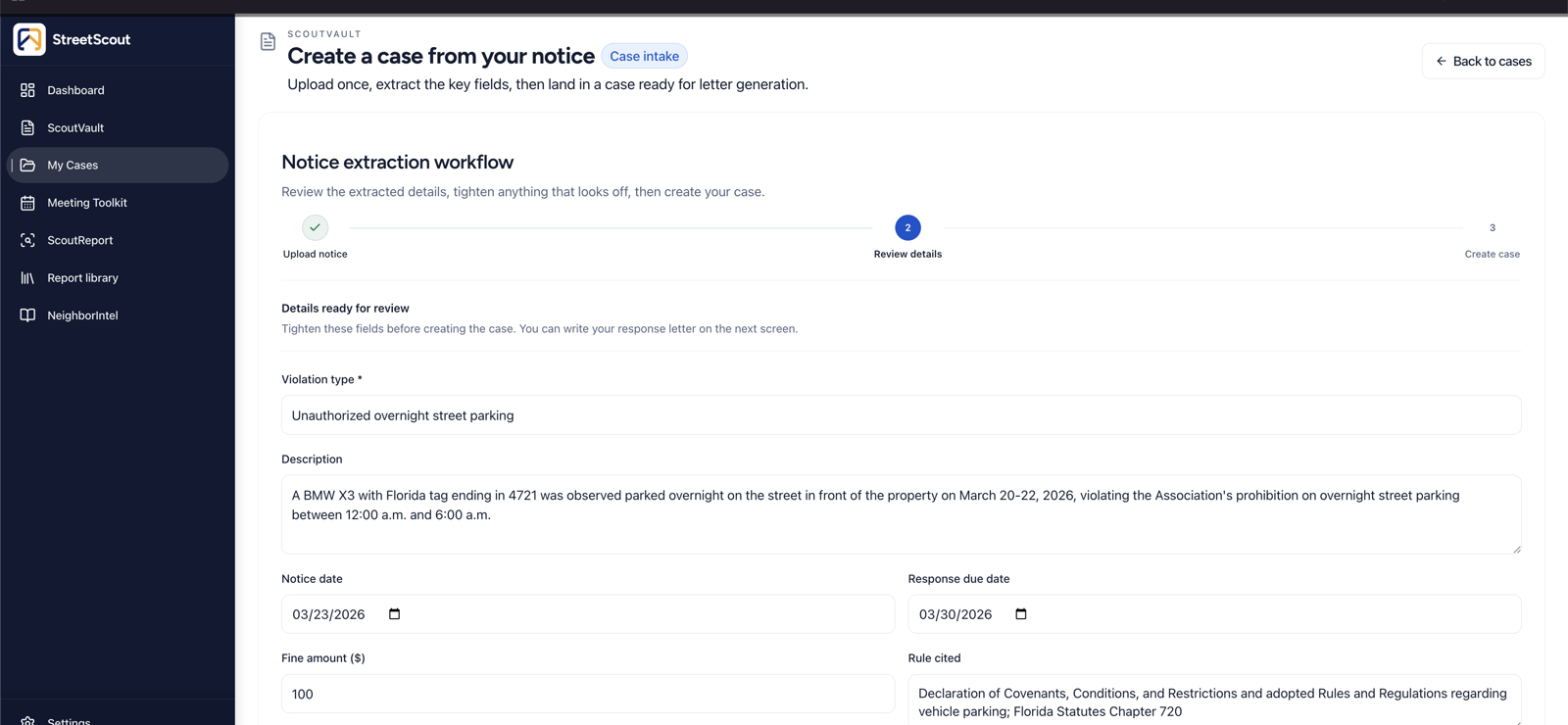 Notice extract reviewing fields from a violation letter