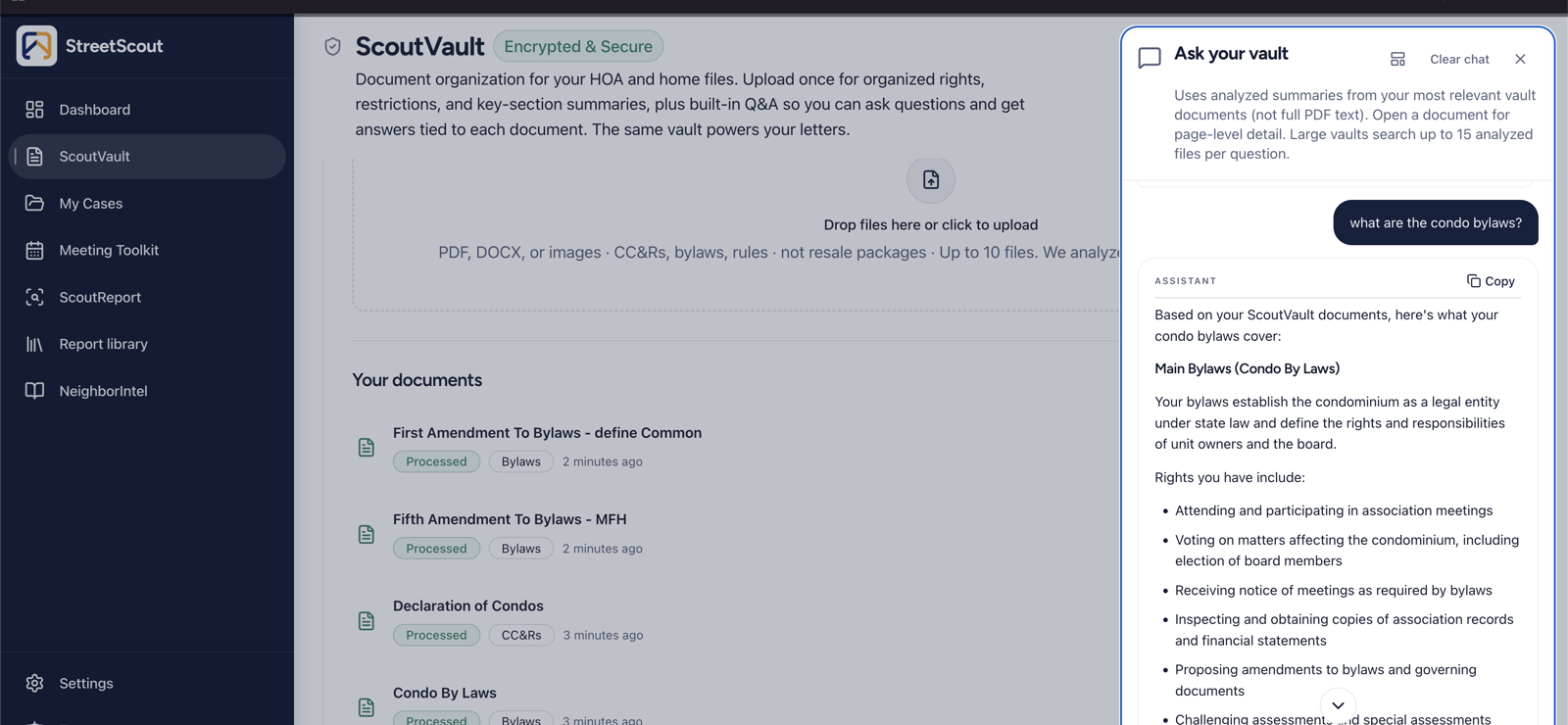 ScoutVault document list with processed governing files